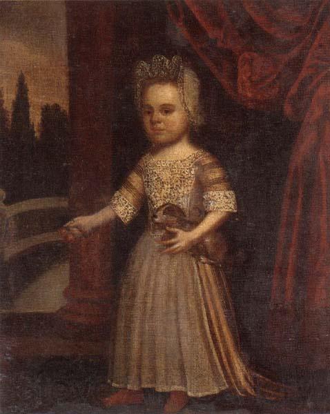 unknow artist Portrait of a young girl,full length,holding a toy dog and a bunch of cherries,set beside a partly-draped red curtain